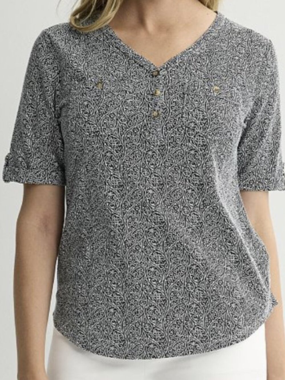 Women's Croft & Barrow®  Henley Top Size Large Black & White Print